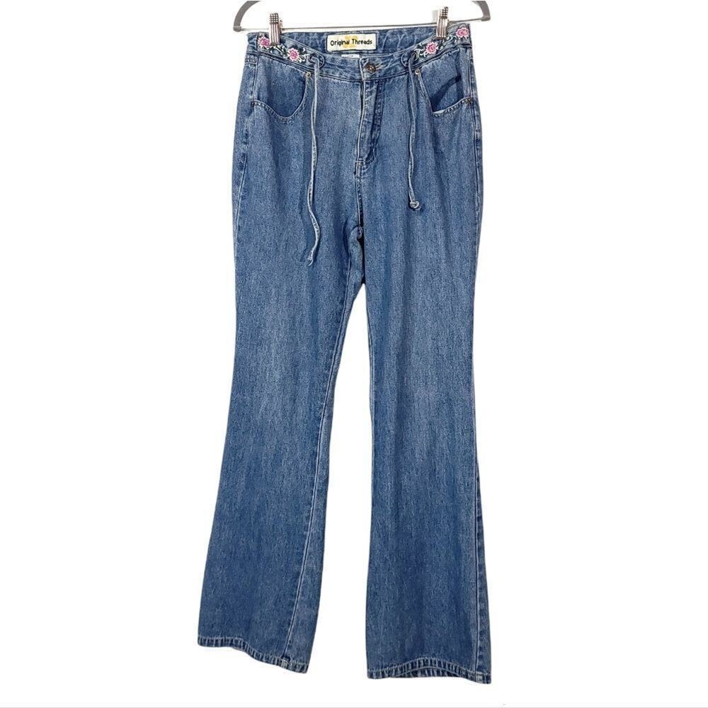 Original Threads Embroidered DenimBlue Jeans Size 9 / 10 Tie Waist Pink Flower 